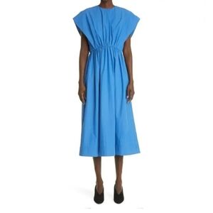 CO Gathered Poplin Midi Dress A Line Small Blue Cornflower Modern Cocktail Event